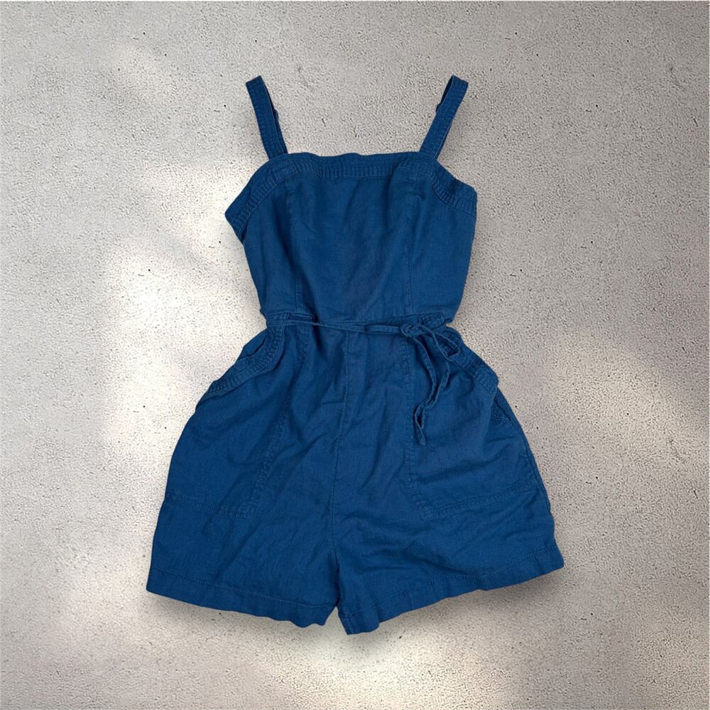 Old Navy Linen Blend Romper Girl's M Blue Sleeveless Boho Cute Playground Summer
